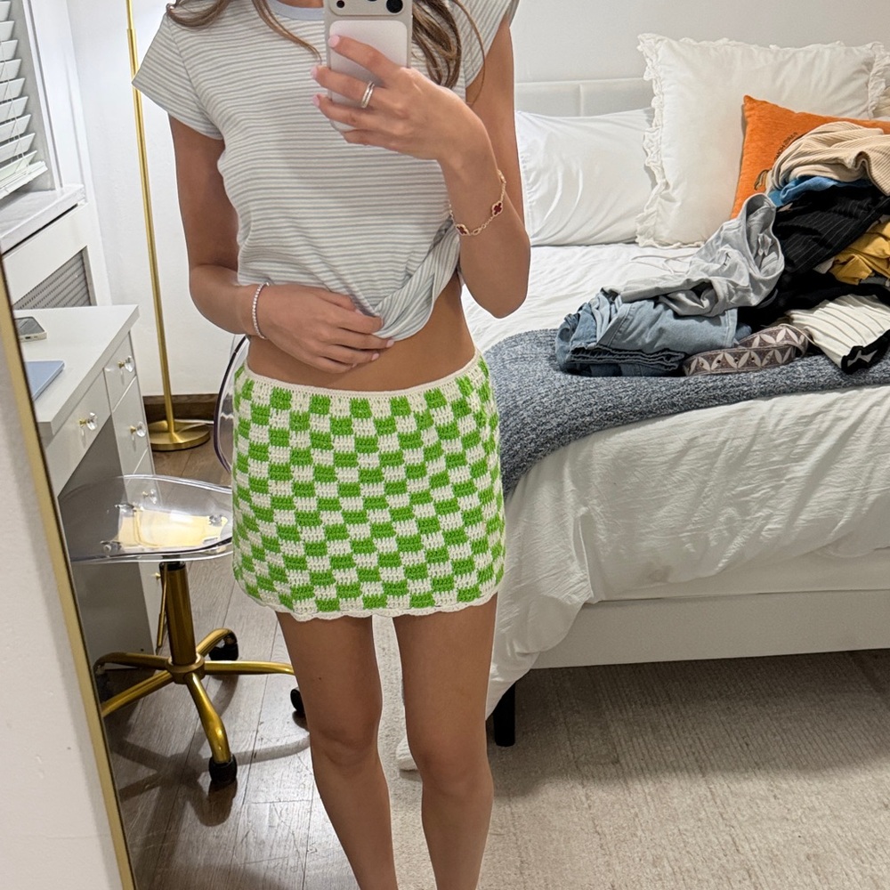 Edikted Green and White Checkered Mini Skirt